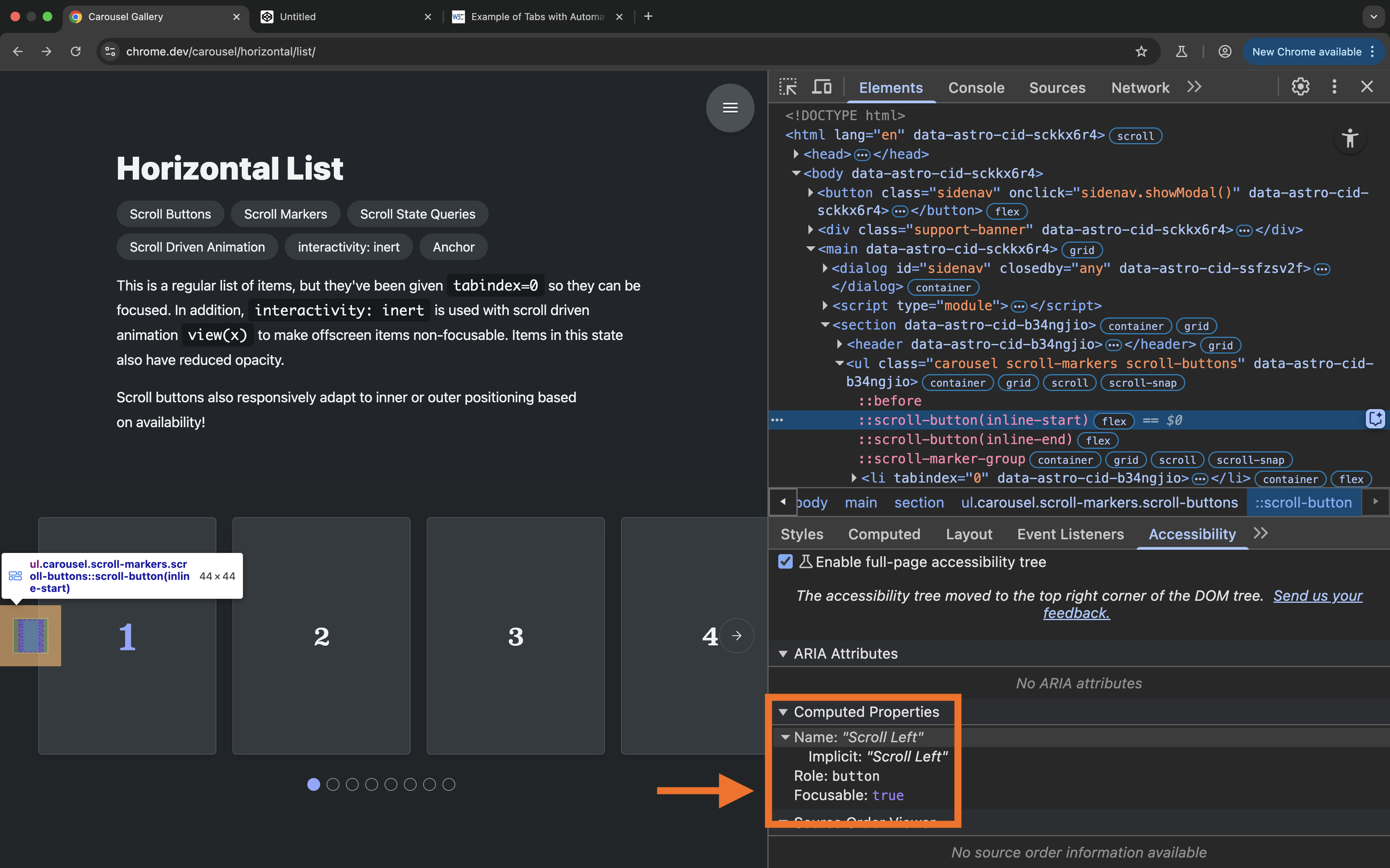 A screenshot of the Chrome DevTools accessibility panel showing the scroll button's accessibility properties, but these properties do not include a property indicating that the button is disabled.