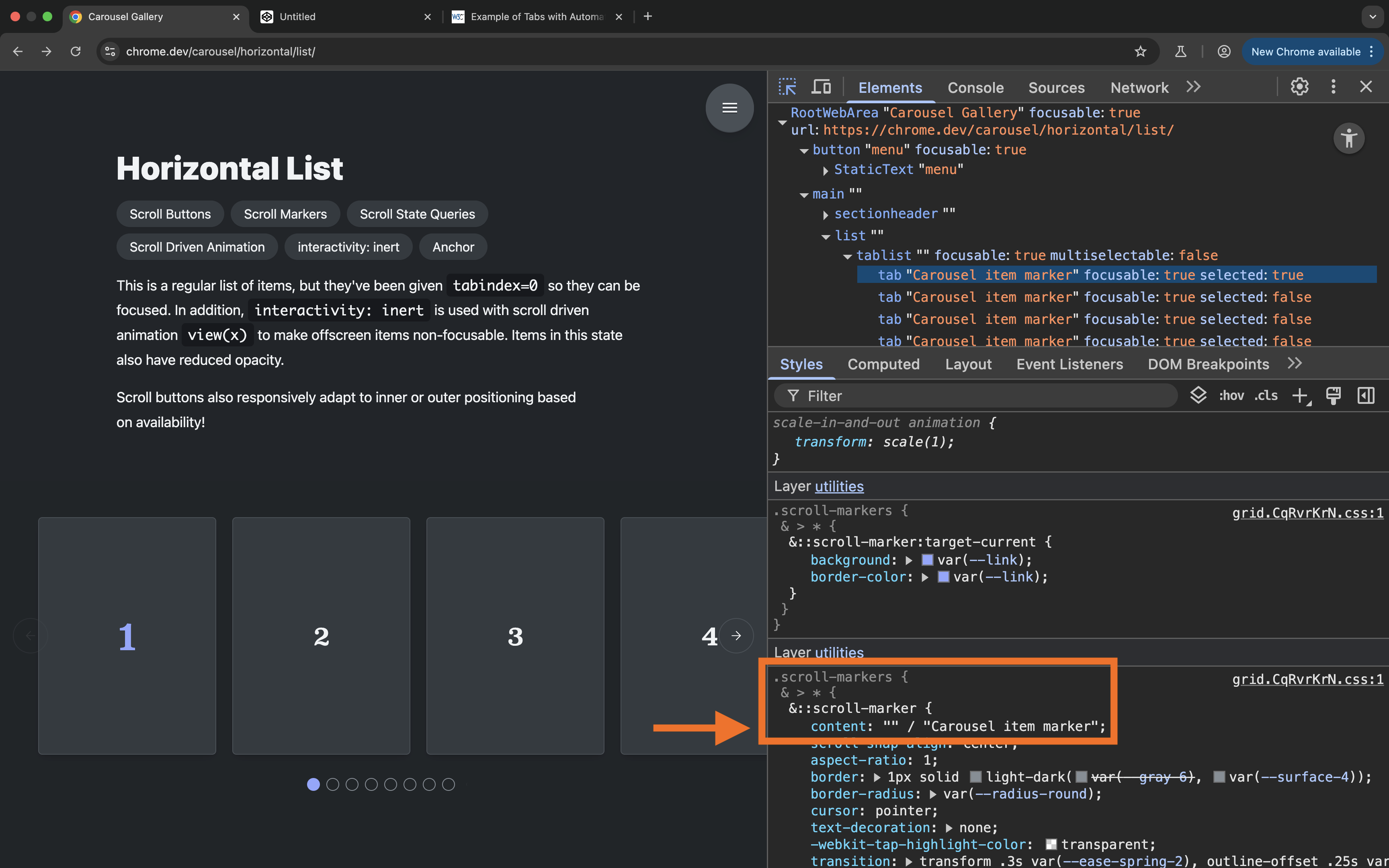 A screenshot of the Chrome DevTools full-view accessibility tree for the horizontal list, and the style panel at the bottom showing the CSS declaration that applies the same name to all markers in the list.