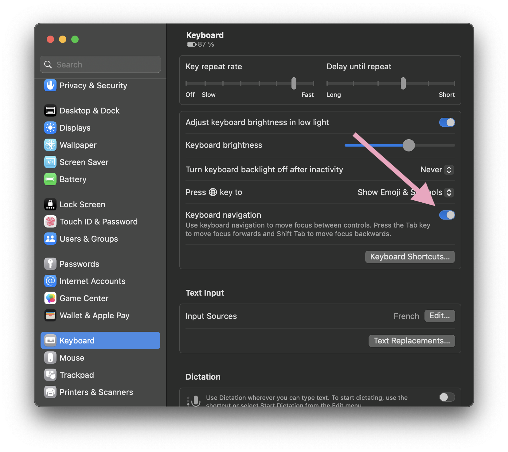 Screenshot of the Keyboard preferences pane in macOS 13 System Preferences.