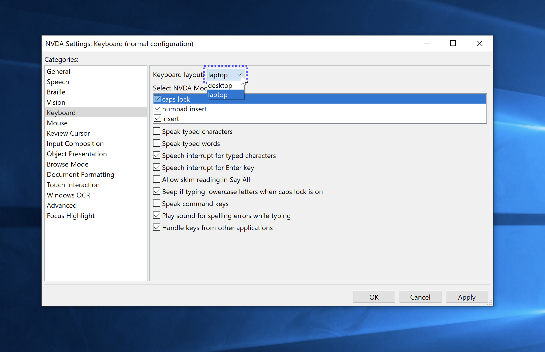 Screenshot of the NVDA settings pane.