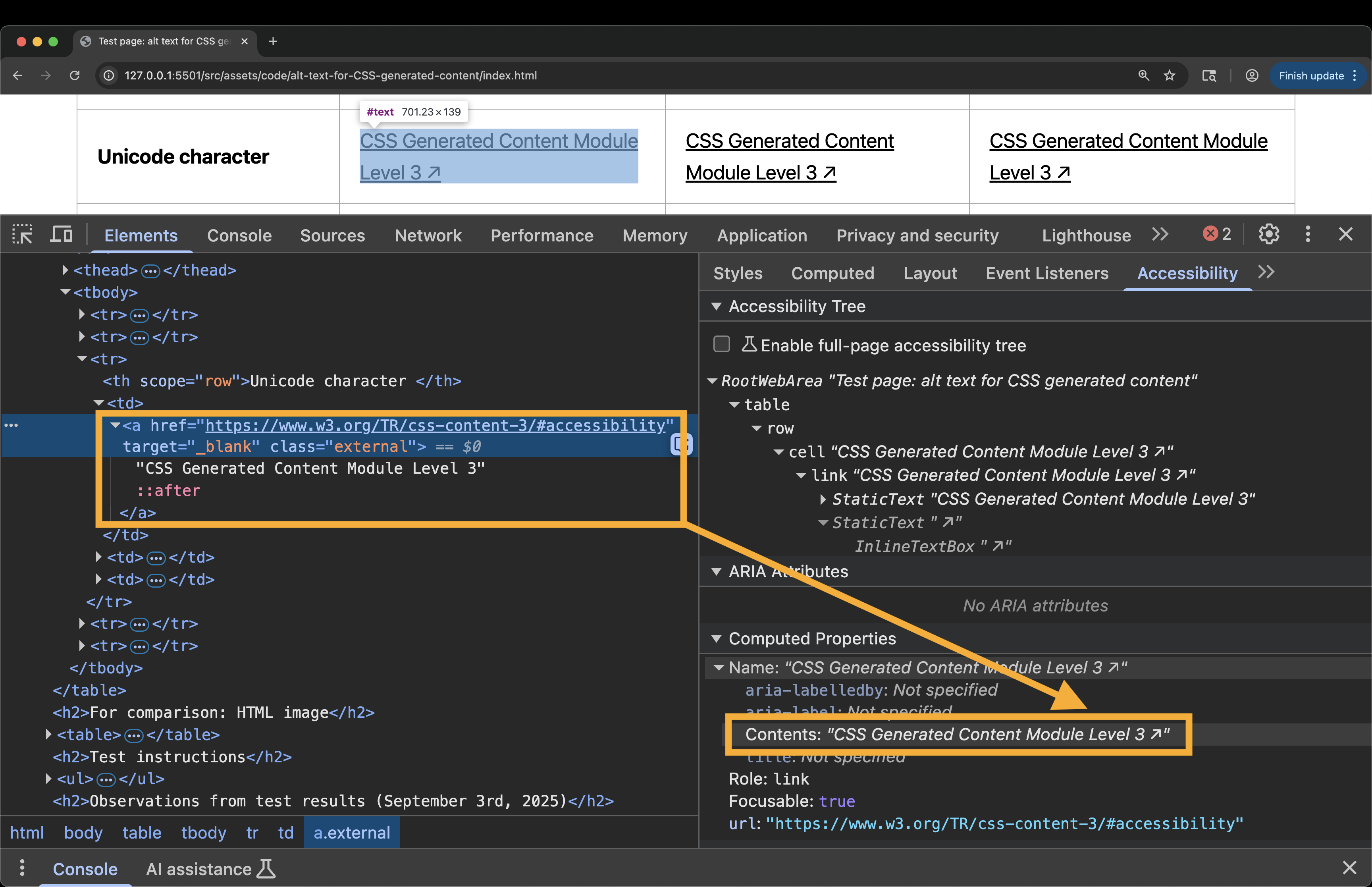 Screenshot of the Chrome DevTools Elements and Accessibility panels. The accessibility panel shows the ↗ appended to the accessible name of the link.