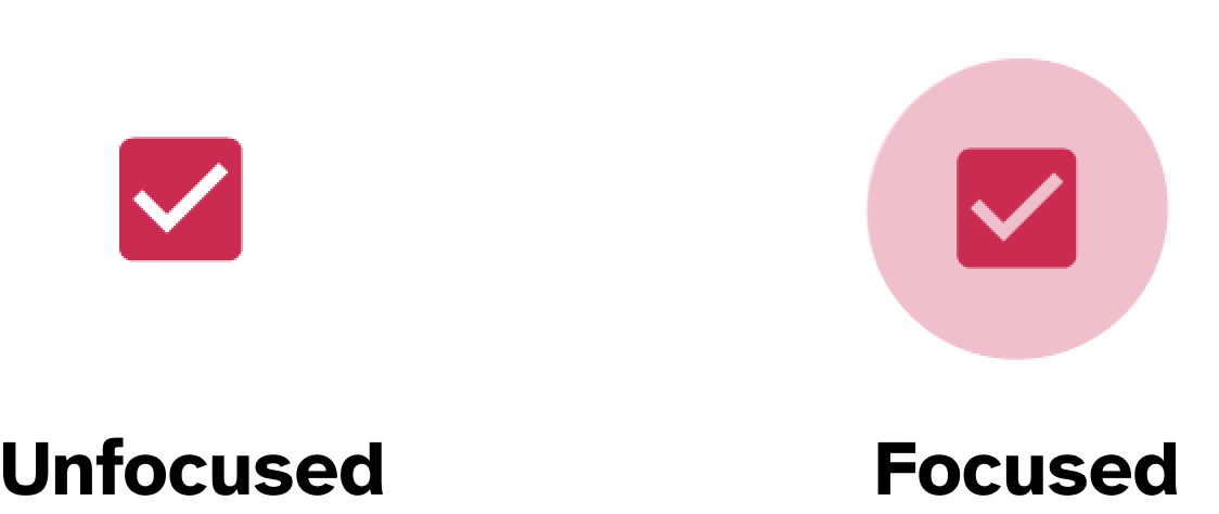 On the left: a Material UI checkbox in its unfocused state. The checkbox (in its checked state) has a red background and a white checkmark. On the right is the checkbox in its focused state, showing a large focus indicator. The focus indicator is a large circle with a light red background color.