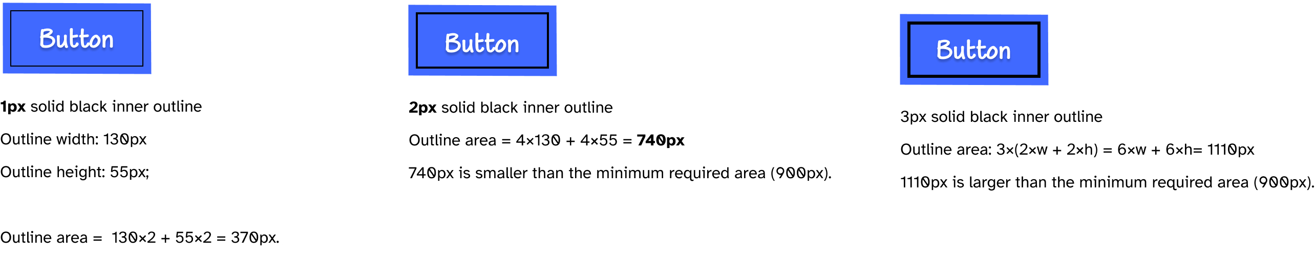 Illustration: On the left: the blue button with a 1px thin inner black outline. In the middle: the blue button with a 2px thick inner outline. On the right: the blue button with a 3px thick inner outline.