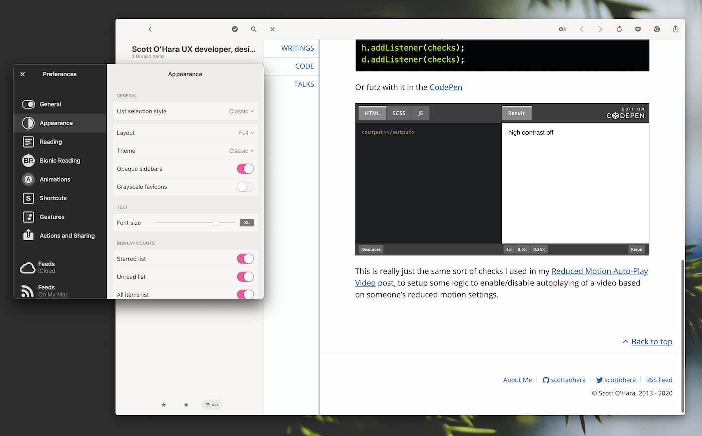 Screenshot of Scott’s article opened in Reeder’s in-app browser. The codepen result only says 'high contrast off', indicating that dark mode is not on. To the left of the image is Reeder’s preferences pane open, showing the current theme set to 'Classic' (which is a light theme).