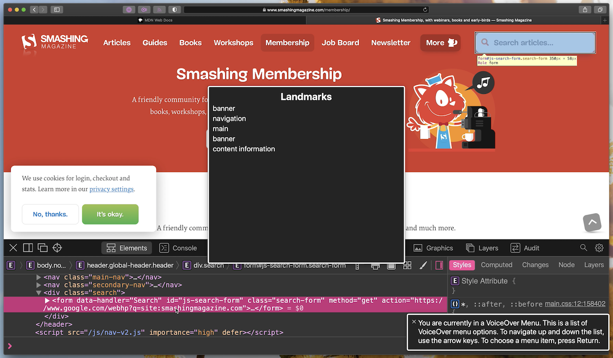 A screenshot of VoiceOver's Rotor open on SmashingMagazine.com, demonstrating the lack of a search landmark in the landmarks menu. The screenshot also shows the Web inspector of the page open and a code snippet highlighting the absence of role='search' on the form element wrapping the search input field.