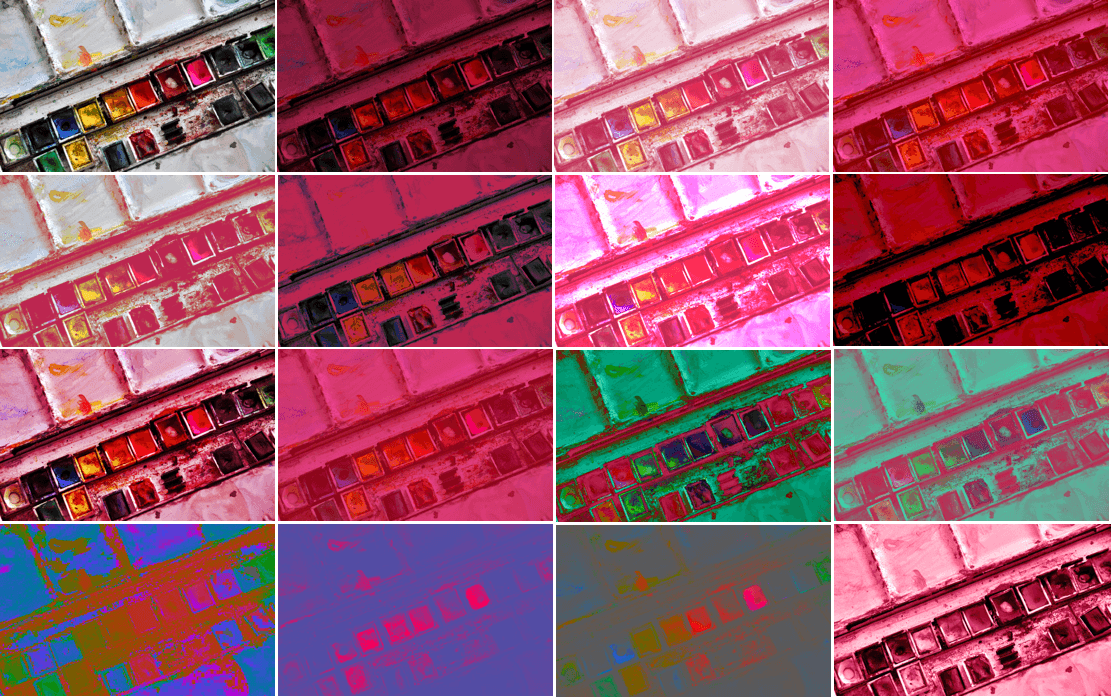 The result of applying 16 blend modes applied to an image.