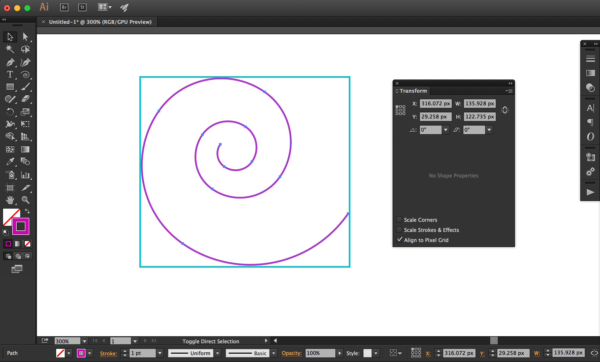 The bounding box of a spiral object drawn in Adobe Illustrator.