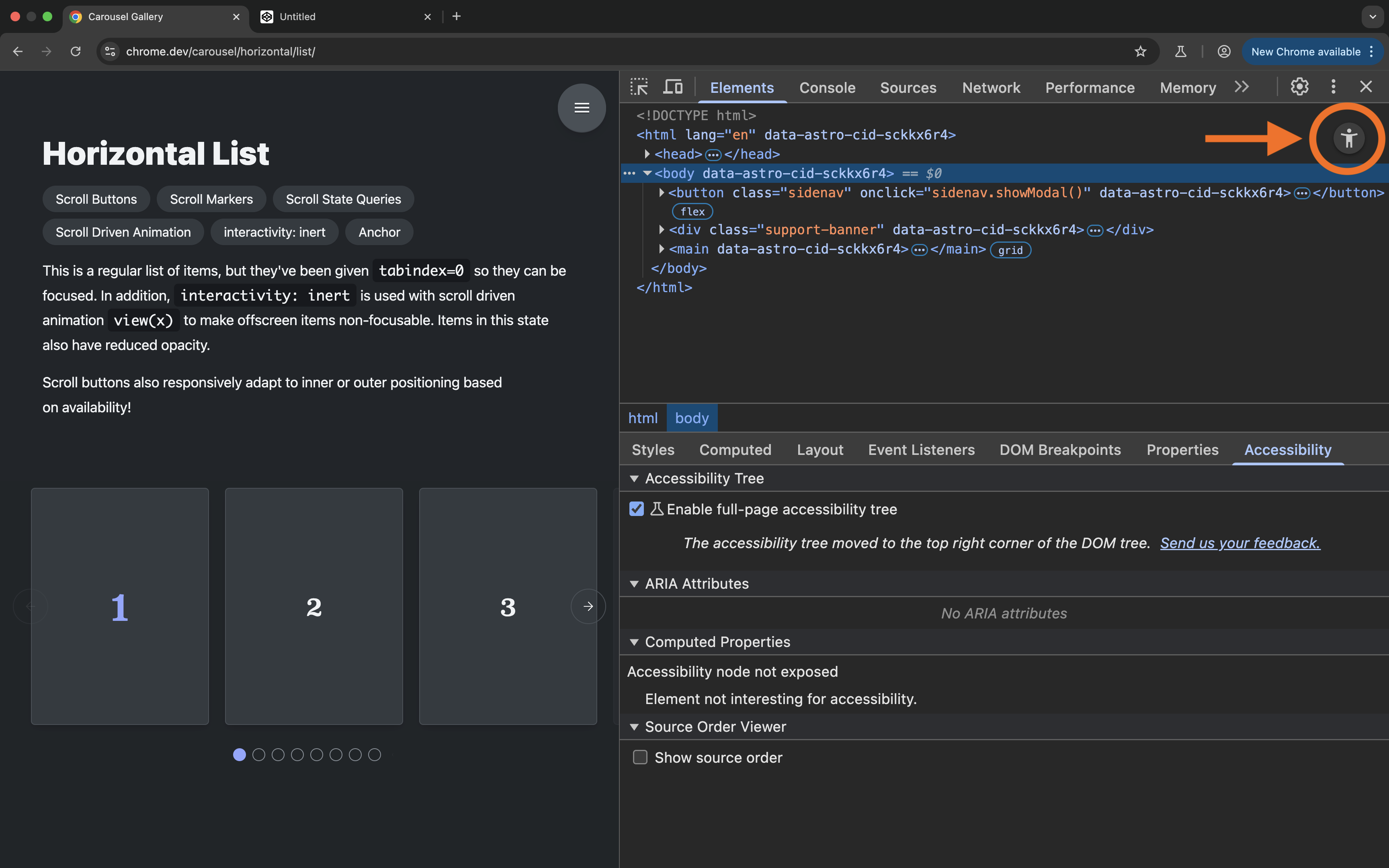 Screenshot of the Chrome DevTools highlighting the Switch to accessibility tree view” button in the top right corner of the Elements panel.