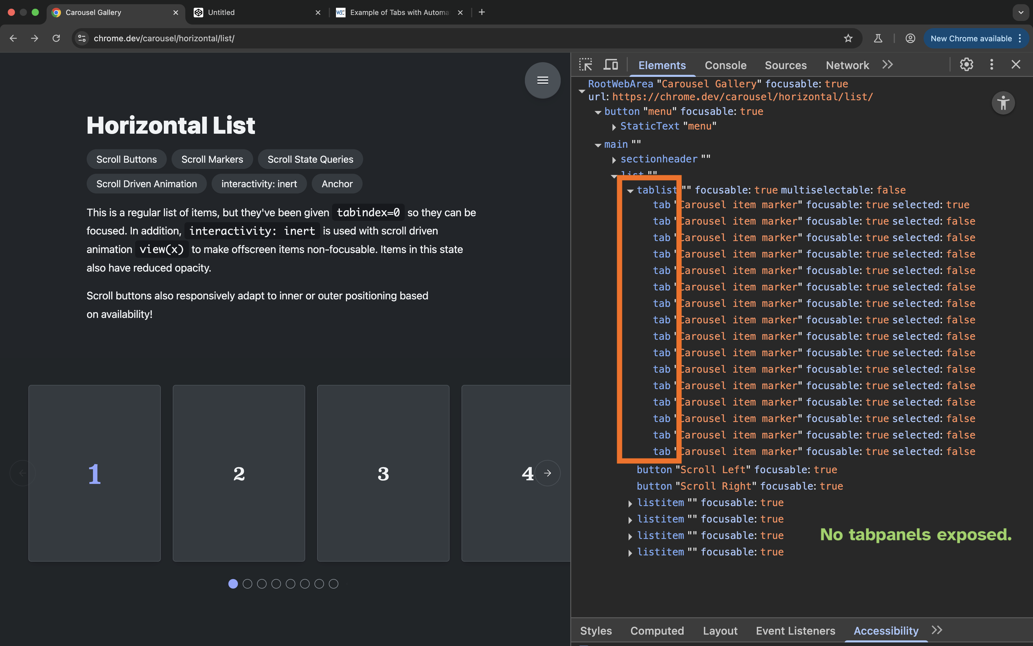 A screenshot of the Chrome DevTools full-view accessibility tree for the horizontal list.