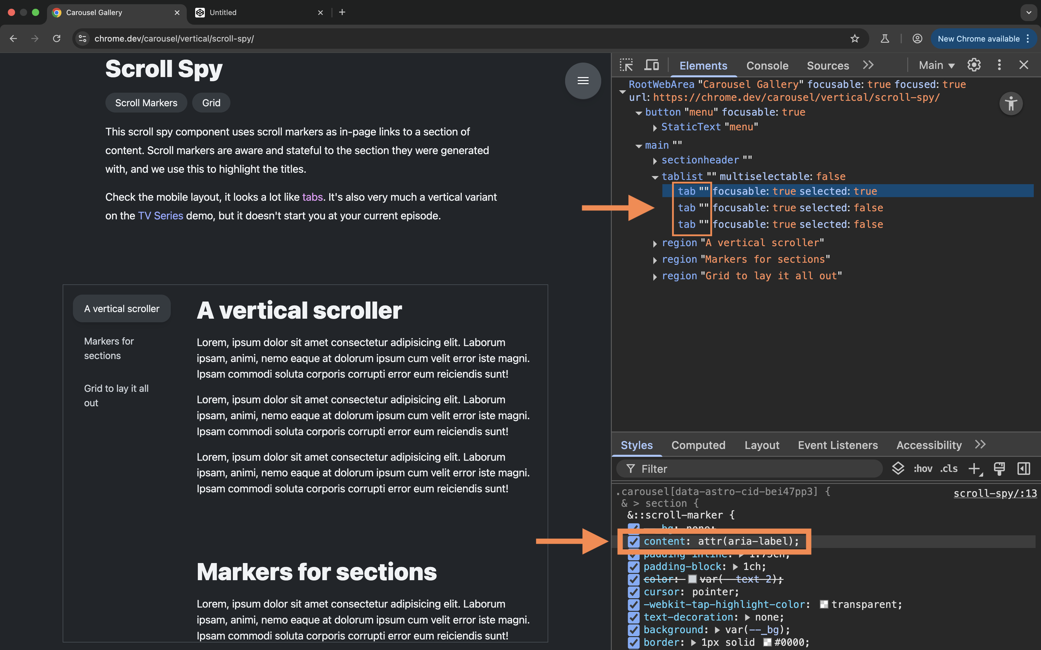 A screenshot of the Chrome DevTools full-view accessibility tree for the ScrollSpy example.