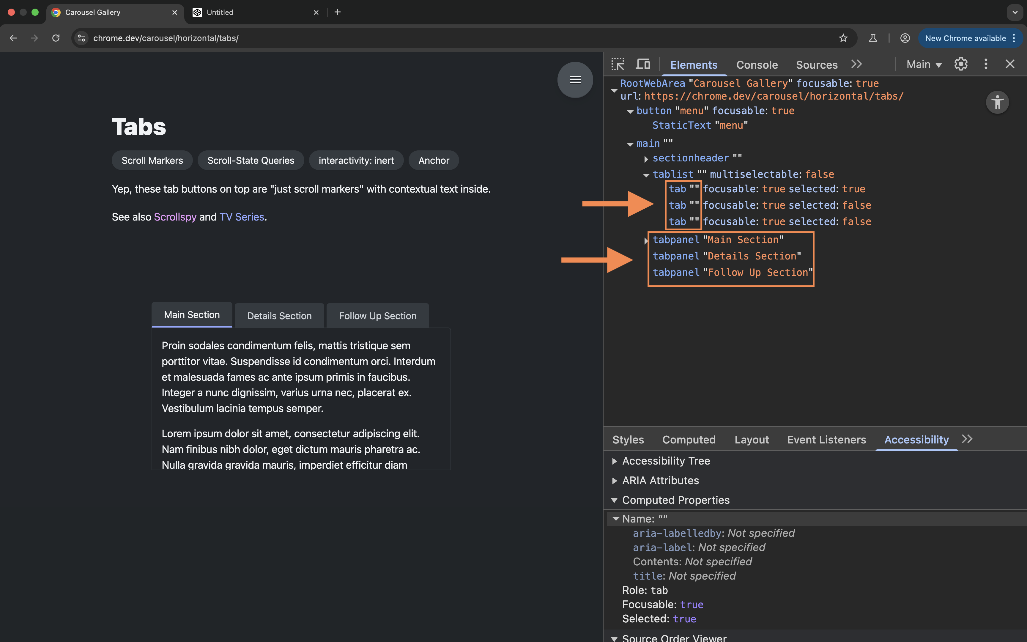 A screenshot of the Chrome DevTools full-view accessibility tree for the Tabs example.