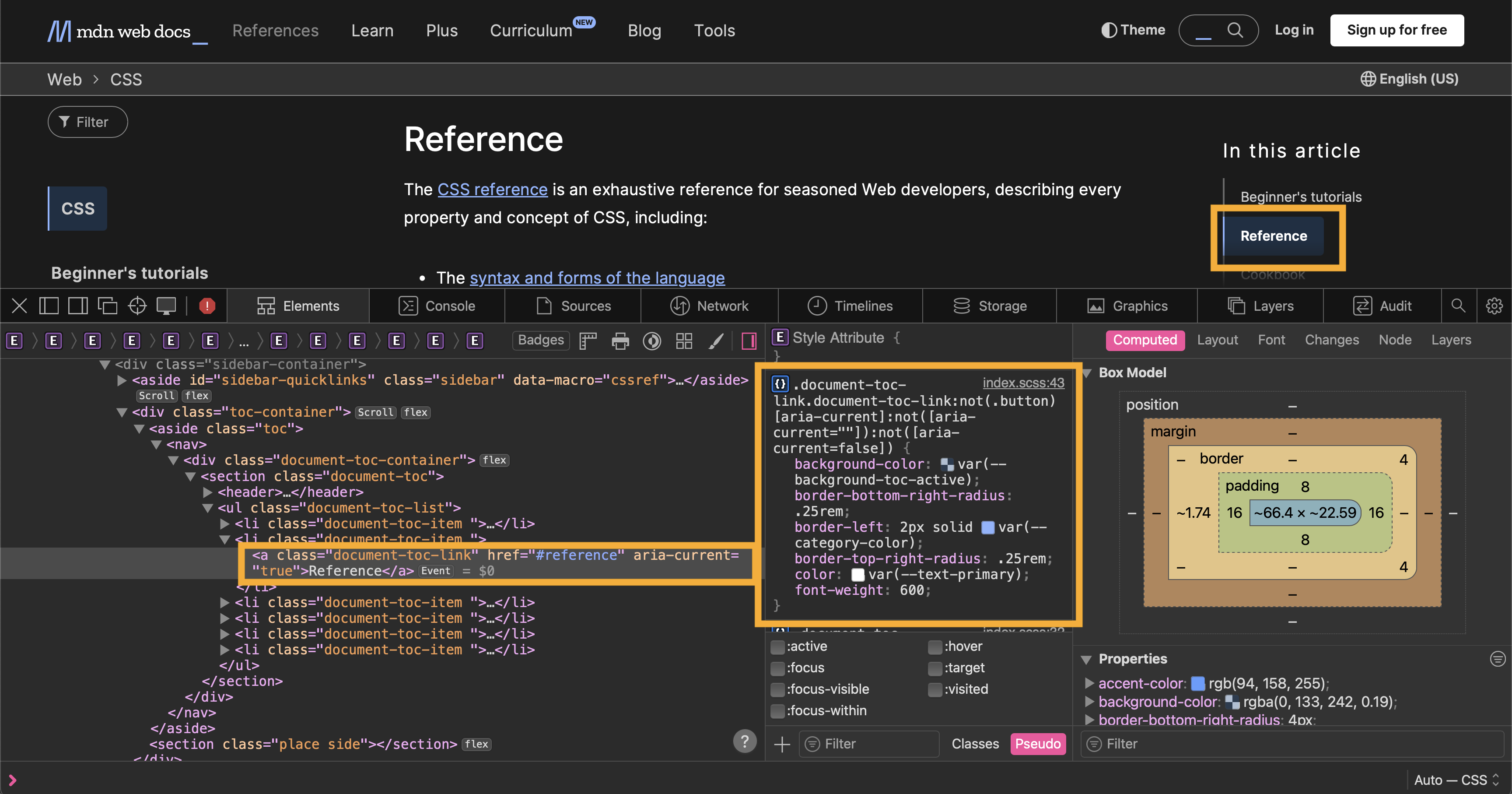 A screenshot of the browser devtools showing the aria-current attribute used on the MDN website for active links. It also shows the ARIA attributes used as styling hooks in the CSS panel.
