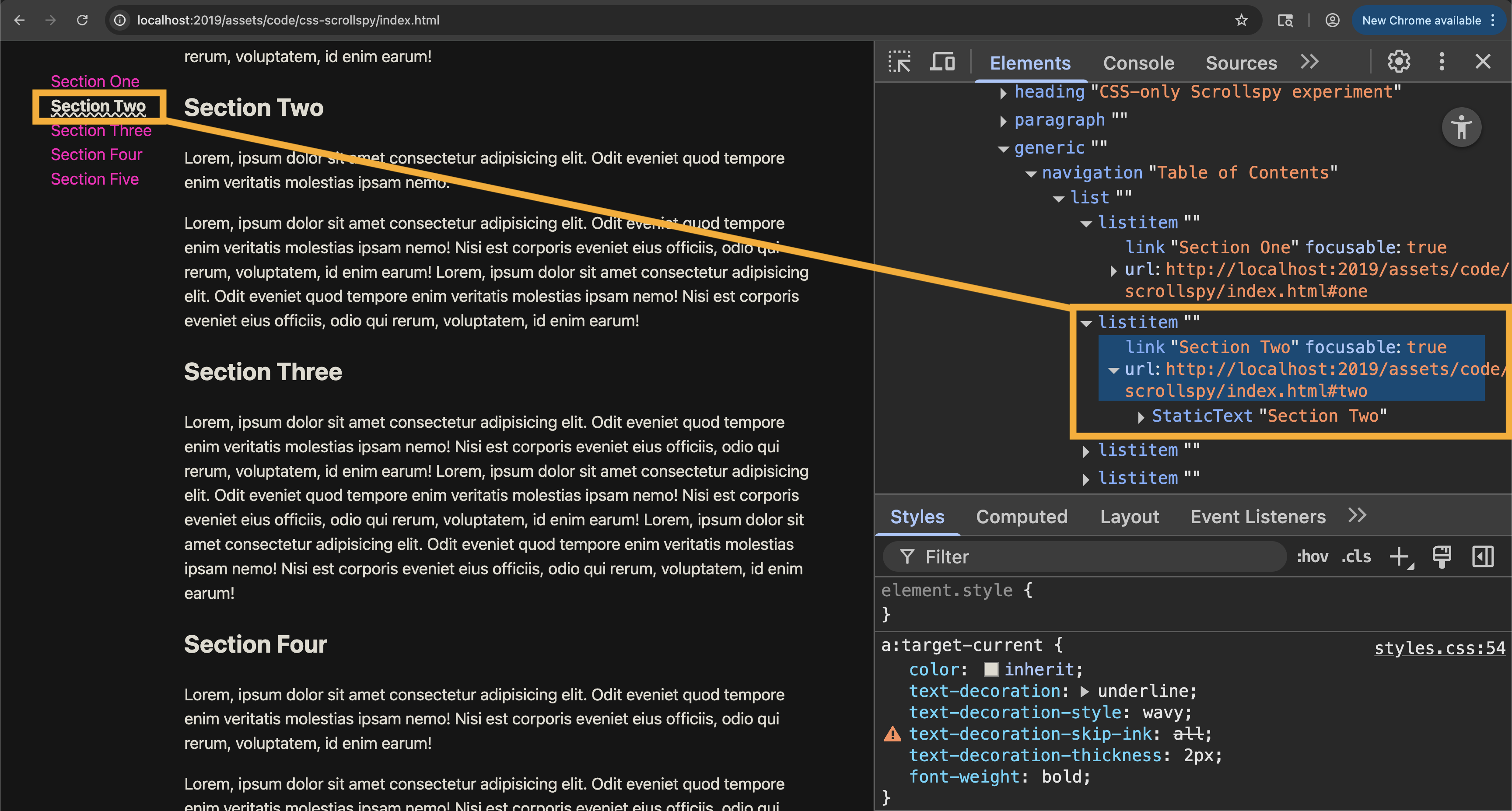 Screenshot of the Chrome DevTools open on the Scrollspy example page. The DevTools show that the active link in the table of contents does not have aria-current=true set on it.