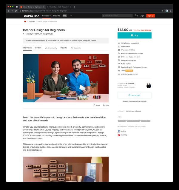 Screenshot of the Domestika Interior Design Course page