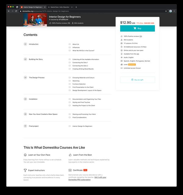 Screenshot of the Domestika Interior Design Course page highlighting the course table of contents