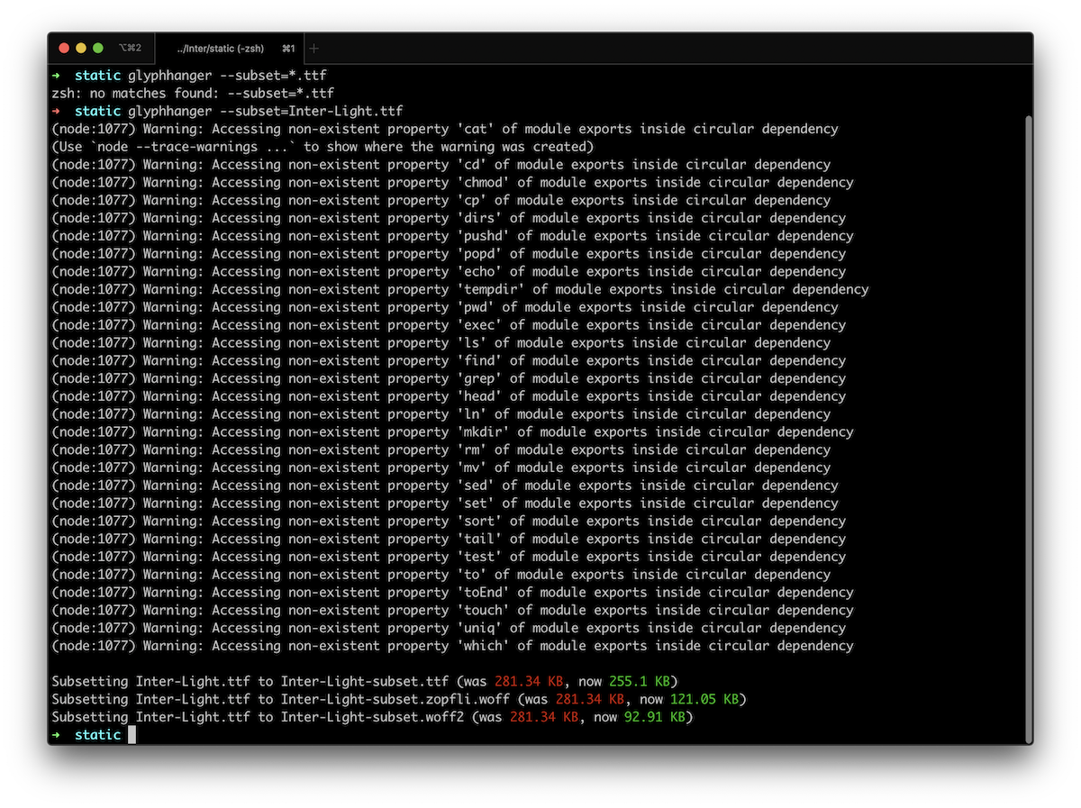 Screenshot of the errors shown in the terminal after running the glyphhanger command to subset and generate font files.