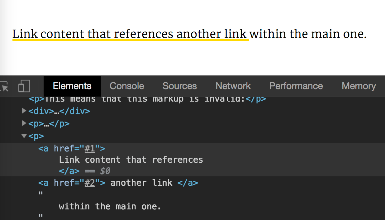 Screenshot of what the markup for our nested links looks like after being parsed by the browser.