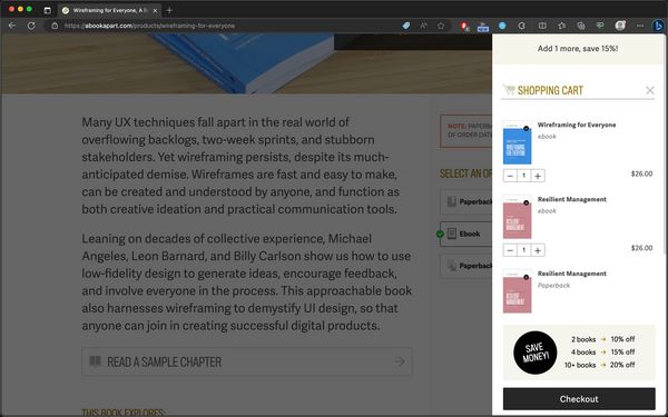 Screenshot of the A Book Apart website showing a modal cart overlay open. This overlay appears when an item is added to cart.