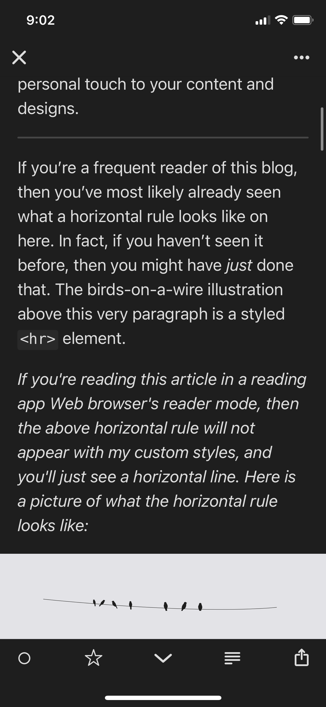 Screenshot of what the article reads like in Reeder app with the fallback reader-only text. Above the fallback text is a horizontal line, which is the horizontal rule the text is referring to, and it is rendered as a simple line by Reeder app.