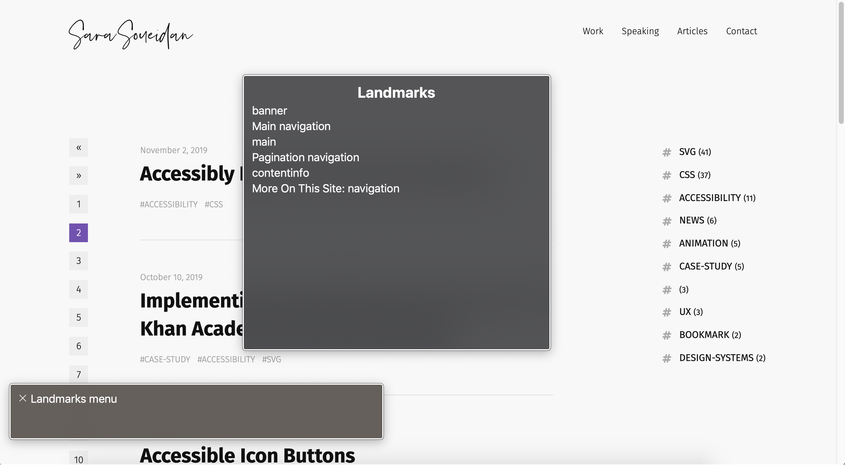 Screenshot of macOS's VoiceOver rotor open on sarasoueidan.com