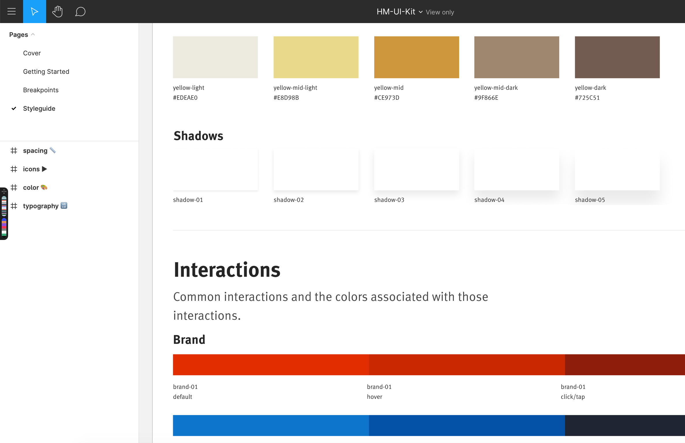 partial screenshot of a style guide showing values for color swatches and box shadow styles