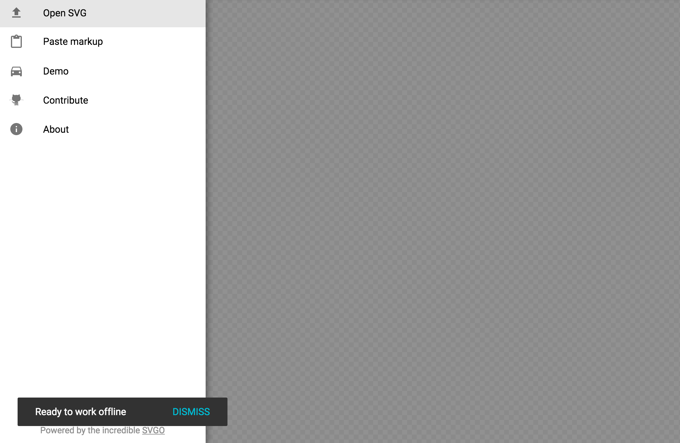 Screenshot of SVGOMG showing the notification that the GUI works offline.