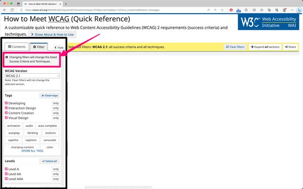 Screenshot of the WCAG Quick reference website highlighting the filters section in the left sidebar, with a note at the top of the section that says that Changing filters will change the listed Success Criteria and Techniques.