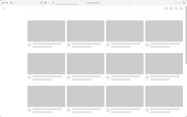 Screenshot of the Youtube homepage showing a skeleton screen, where grey rectangular boxes visually represent videos and video descriptions.